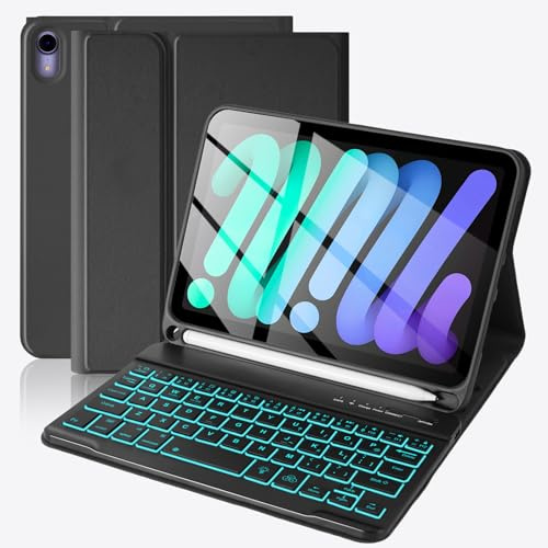 SOPPY Custodia per tastiera per iPad mini 7 A17 Pro 2024/iPad Mini 6 Generation Case con tastiera 2021 da 8,3 pollici, 7 colori retroilluminata staccabile per iPad mini 7a/6a generazione, nero