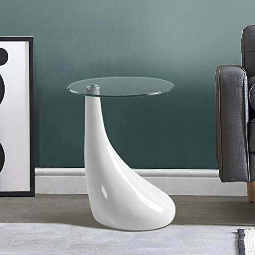 GOLDFAN Beistelltisch Rund Glas Couchtisch Hochglanz Kleiner Nachttisch Glas Schlafzimmer Moderner Wohnzimmertisch, Weiß