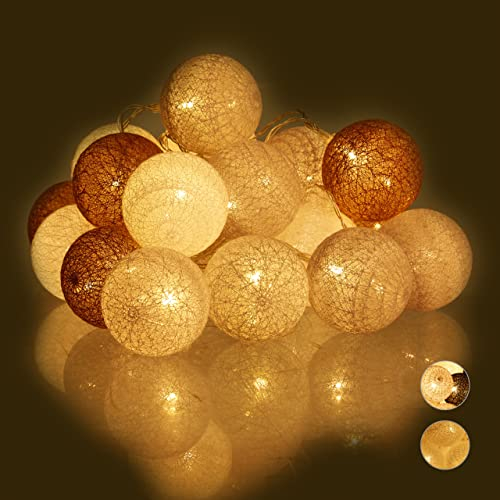 Relaxdays, weiß/grau/braun LED Lichterkette mit 20 Baumwollkugeln, batteriebetrieben, Stimmungslichter, Kugeln 6 cm Ø, Standard