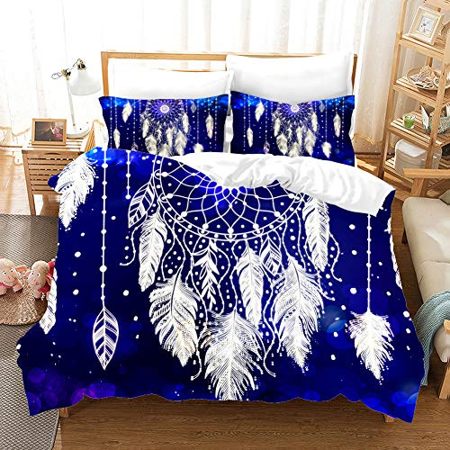 Odot Bettwäsche Set Traumfänger, 3D Drucken Microfaser Polyester Atmungsaktive Hypoallergen Bequem Weich und Haltbar 2 Personen 3 Teilig(Bettbezug und Kissenbezug) (140×200cm,Blaue weiße Feder)