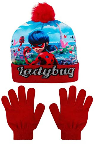 MIRACULOUS Set Hut und Handschuhe Winter Kappe Mädchen Lady Bug 1279 - Rot, 52