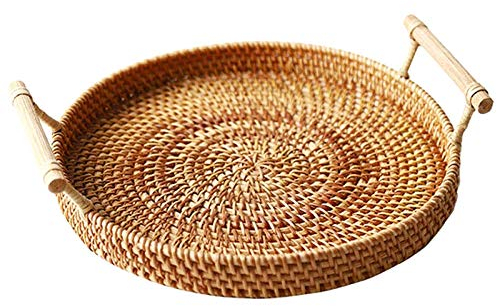 Vaorwne Rattan Storage Tray, Round Basket with Handle, Hand-Woven, Rattan Tray Wicker Basket Bread Fruit Food Breakfast Display L