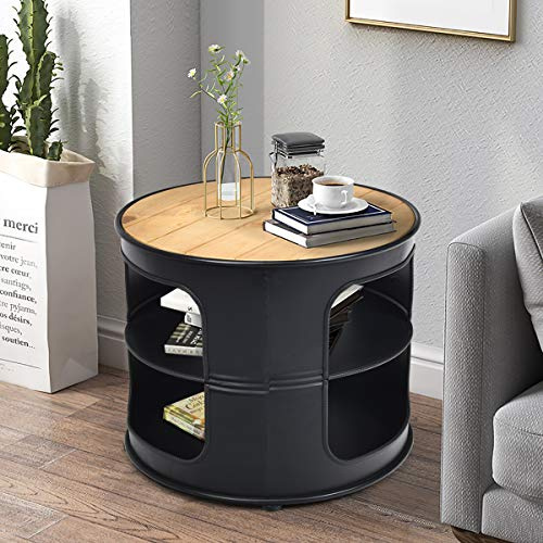 COSTWAY Table Basse Ronde avec Structure en Métal | Étagères 3 Niveaux, Style Industriel, Idéal pour Salon, Chambre, Balcon