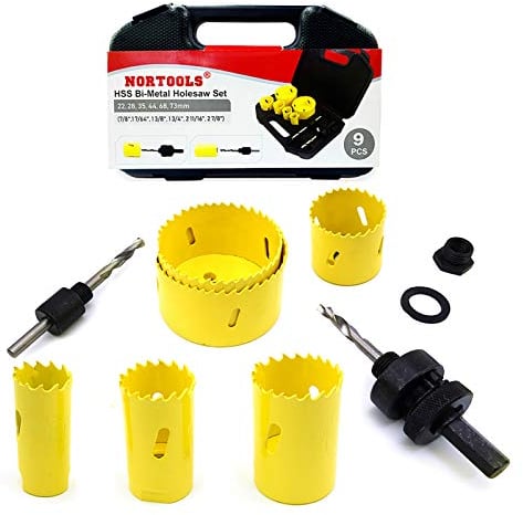 Nortools Set di seghe a tazza con 9 punte HSS M3 bimetalliche, strumento taglio, per trapano legno conifere, piastra plastica, tavola sottile in PVC, alluminio, ottone, 22 28 35 44 68 73 mm