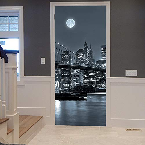 A.Monamour Türtapete Selbstklebend Türfolie Türposter 3D New York Brooklyn Bridge Manhattan Skyline Bei Nacht Monochrom Vinyl Folie Türdeko Tapete Wandbild Türaufkleber Türtattoo 77 x 200 cm
