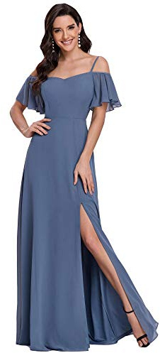 Ever-Pretty Women's Ruffles One Shoulder Short Sleeve Empire Waist A Line Chiffon Long Wedding Guest Dresses with Side Slit Denim Blue 16UK