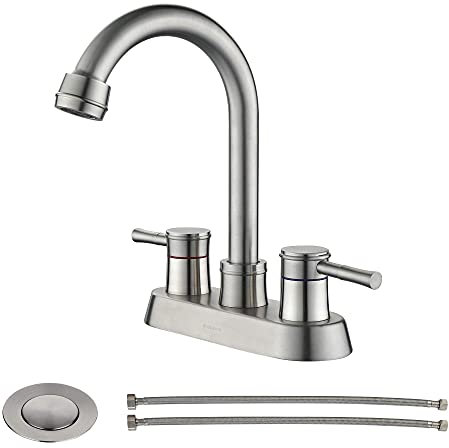 Rainovo Grifo de baño con desagüe de fregadero emergente, grifo de fregadero de baño de níquel cepillado, 3 agujeros, arco alto, manguera de suministro para lavadora, grifo de lavabo de tocador de