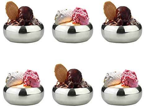 GK Global Kitchen Stainless Steel Ice Cream Bowls Set Of 6 Dessert Cups Bowls Ice Cream Serving Dishes Mini Fruit Salad Cocktail Pudding Bowls Appetizers Nibbles Sauce Dips Condiment (10cm)