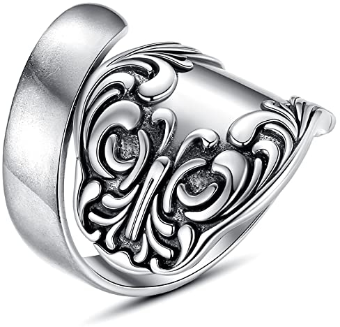 YWDREAM Vintage Silver Spoon Ring, Victorian Boho Flower Spoon Rings for Women, Adjustable Wrap Around Open Ring Statement Jewelry, Silver, No Gemstone