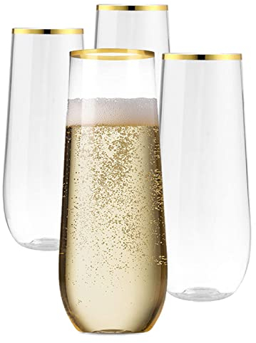 HELTER Champagnerflöten, 2 Stück, stiellose Champagnergläser, 255 ml, klare PET-Gläser mit goldener Flasche, Mimose, Cocktails für Hochzeit, Zuhause, Bar, Party
