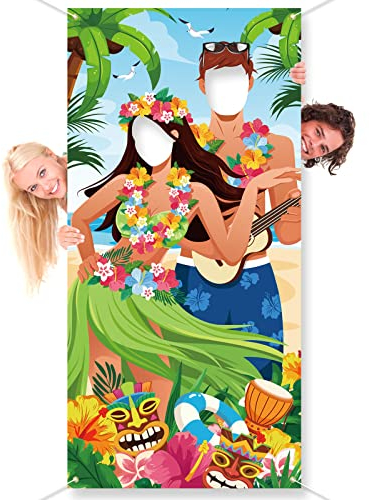 DPKOW Divertidos Pares de Luau Cara Juego Pancarta para Verano Hawaiana Photocall Accesorios, Tropical Luau Tiki Fiesta Fondo Decoración Adornos para Hawaiano Tiki Bar Playa Piscina Fiesta, 185 * 90cm