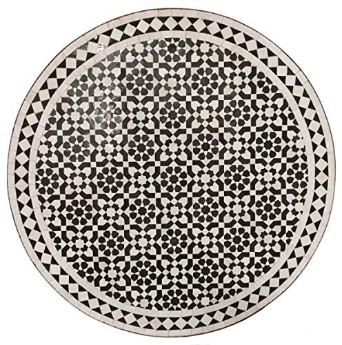 Casa Moro Marokkanischer Mosaiktisch D90 schwarz weiß glasiert rund mit Schmiedeeisen Gestell | Kunsthandwerk aus Marokko | Boho Chic Gartentisch Mosaik Esstisch böhmisch | MT2230