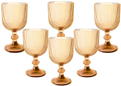 Vintage Wine Glasses Set of 6, 11 Ounces Colored Glass Water Goblets, Colorful Unique Embossed Pattern High Clear Stemmed Glassware Wedding Party Bar Glass Drinking Cups Vertical Line Gold Amber