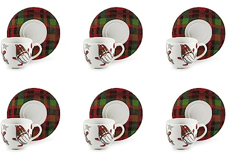 Excelsa Tartan Gnome Set 6 Tazzine da Caffè con Piattino