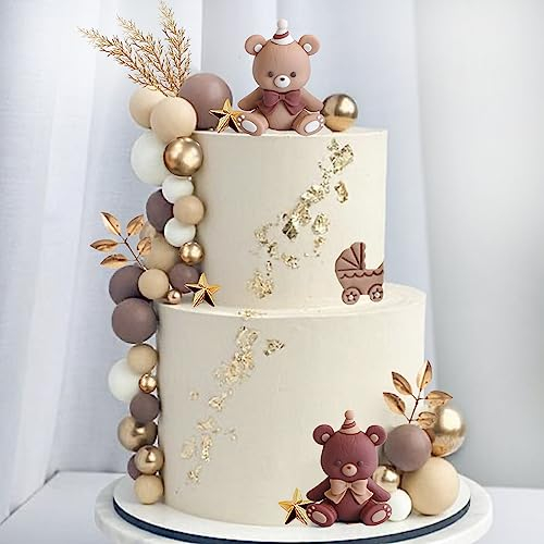 42Pcs Bear Balls Cake Toppers - Mini Teddy Bear Cake Decorations Boho Pearl Ball Toppers for Boy Girl Baby Shower Birthday Gender Reveal Wedding Party Supplies