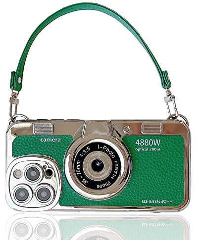 QoKcoahn Handyhülle für iPhone 13,Nette 3D Vintage Kamera Handyhülle mit Handschlaufe Einzigartige Coole Silikon TPU Fall Stoßfeste Schutzhülle Frauen Mädchen für iPhone 13 Grün