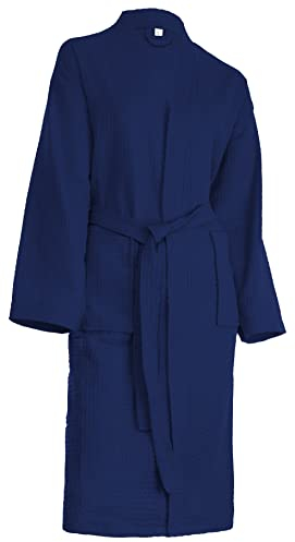 Brandsseller Unisex Bademantel aus Baumwolle M – Leichter Morgenmantel aus Waffel-Piqué für Damen & Herren – Saunamantel/Hausmantel für Wellness & Zuhause - Navy