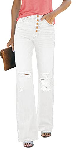 Roskiky Damen Jeans High Waist Schlaghose Mit Löchern Stretch Baggy Jeans Weiße Hose Damen High Waist Hosen Für Kleine Frauen Weiß XL