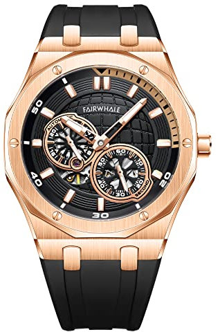 TEINTOP Uhren für Herren Automatik Planet Armbanduhren Silikon Armband Uhr (Roségold Schwarz)