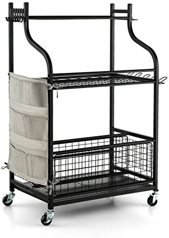 TANGZON Garden Tool Organizer, Rolling Tool Storage Rack with Lockable Universal Wheels, Removable Hooks, Tool Racks & Side Pocket, Heavy-Duty Tool Stand Holder for Garage Yard