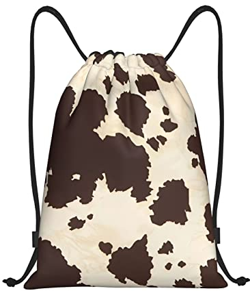 Rucksack mit Kuhfell-Aufdruck, Kordelzug, wasserdicht, leicht, Turnbeutel, Sportrucksack für Männer und Frauen, Reisen, Einkaufen, Strand, Schwarz, Small
