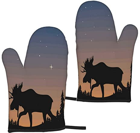 Heat Resistant Oven Gloves Sets Of 2 - Moose Mountain Pine Tree Wilderness Printed Kitchen Non-Slip Microwave Oven Mitts 1 Pair For Baking Cooking Bbq