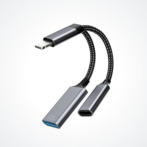 Adaptateur USB iPhone OTG 3.0 vers Lightning Jack(2 en 1) Chargeur Cable USB A Prise Camera Flash Disque Charger Certifié Apple MFI pour 14 13 12 11 Pro Max 7 8 Plus X SE XS XR Ipad Air Tablette Cle