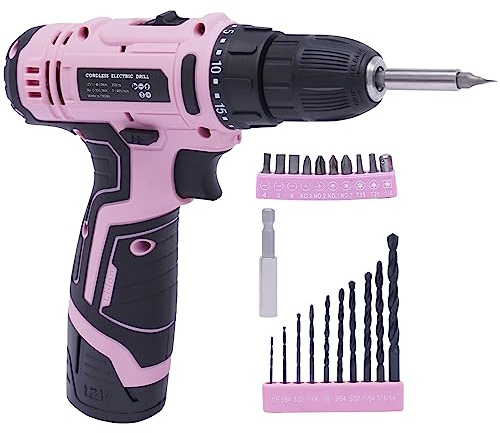 Akku-Schlagbohrschrauber, Eingebaute LED-Leuchten, 3-Gang-Getriebe, Schnellladegerät, 26-teiliges rosa Akku-Bohrerset