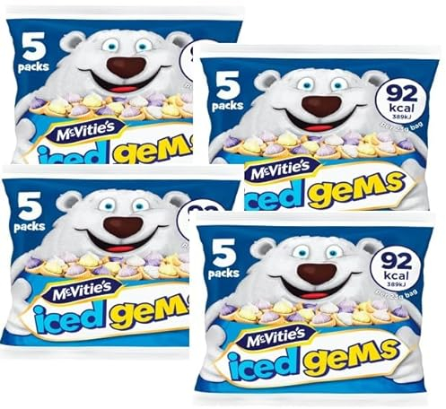 McVities Iced Gems Biscuits 4 Bags of 5, 23g - Party Snack food kids lovers Lunch box Total of 20 x 23g Bags!,