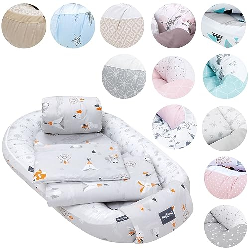 5tlg. Kuschelnest-Set inkl. Babynest 60x90 , Arm Stillkissen, Baby Matratze 30x70 cm, Baby Decke Neugeborenen 50x75 cm, Babykissen Neugeborene, Baby Erstausstattung aus 100% Baumwolle