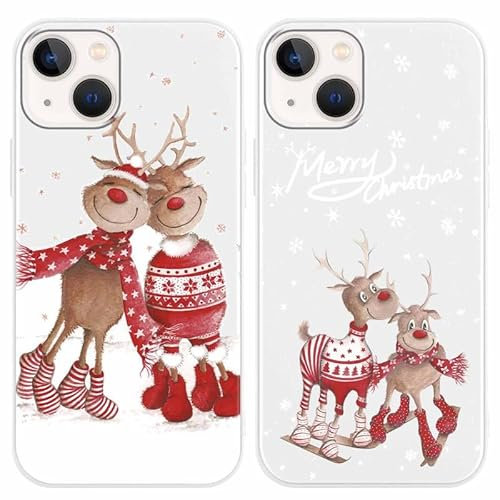 Yoedge 2 Stück Handyhülle für iPhone 14 / iPhone 13 Hülle Weihnachten Muster 6,1, Weich Dünn Silikon TPU Stoßfest Bumper Schutzhülle, Cartoon Süß Design Christmas Case für Frauen Mädchen, Hirsch 2