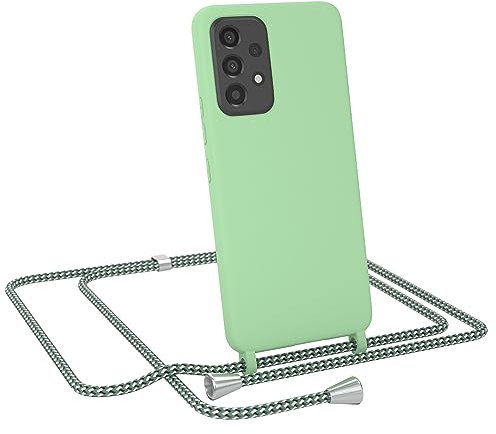 EAZY CASE - Liquid Silikon Handykette - kompatibel mit Samsung Galaxy A53 5G Soft Silikon Slim Cover, 3-Schichten Kratzfest in Grün mit Halsband Hellgrün Camouflage Metallstücke Silber