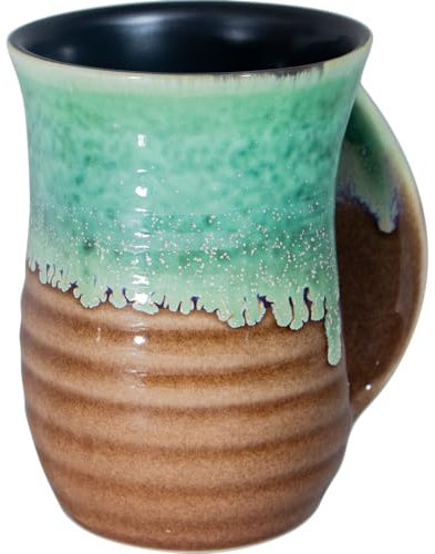 Icytrip Handwärmer-Tasse, handgefertigte Keramik, handwärmende Kaffeetasse mit Tasche, für Rechtshänder (Sand/Grün)