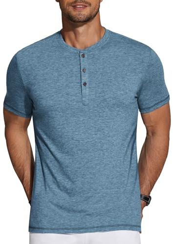COOFANDY Men's Henley Short Sleeve Shirts Casual Basic Tee Classic Solid Button Henley Shirts Dark Blue