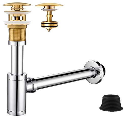 Sifone a bottiglia da 1/4, rotondo, decorativo, regolabile, tubo di scarico idraulico per lavabo da bagno, vasca, cromato lucido + ottone dorato, scarico per lavabo con fessura pop-up (troppopieno)