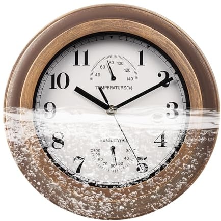 MENAYODA Außen Wasserdicht Wanduhr, Retro Wanduhr Lautlos ohne Tickgeräusche mit Thermometer und Hygrometer, Quarzwerk Indoor Outdoor Uhr für Terrasse Patio Pool Garten