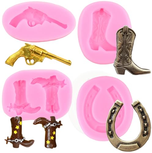 RFGHAC Hufeisen Huf Silikonform Cowboy Boot Fondant Formen Pistole Handfeuerwaffe Süßigkeitenform für Zucker Kuchen Dekorieren Cupcake Topper Schokolade Gummipaste Polymer Clay 4 Stück