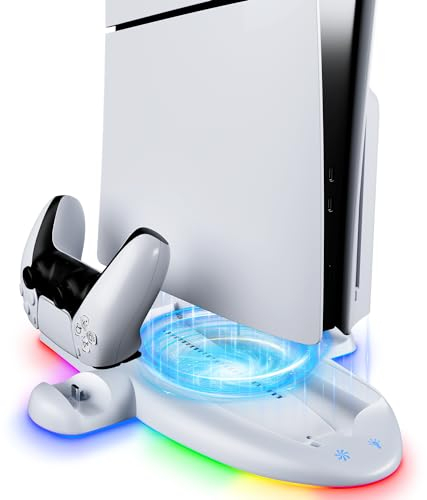 OWISUEE Soporte Vertical para PS5 Slim, Diseño de Carga de Mando Dual Actualizado con Ventilador y 9 RGB, Accesorios Compatibles con PS5 Slim Digital/Disc