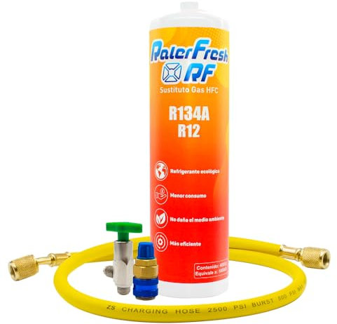Gas Refrigerante Organico para Aire Acondicionado Coche Ralerfresh RF equivalente a 1000gr sustituto de los gases R134a y R12 (Botella + Llave + Manguera + Conector rápido)