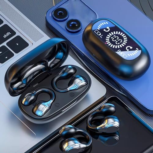 Wireless Bone Conduction Bluetooth Headphones,Open Sport Ear Clip Earbuds,Digital Display Ultra Long Battery Life Earphones,Running Workout Painless Wearing Earring Earphone for iPhone Android (Black)