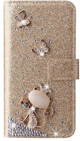 Handyhülle für Samsung Galaxy A55 Hülle Glitzer Pinker Bogen Strass Leder Tasche Flipcase Cover Silikon Schutzhülle Handytasche Skin Ständer Klapphülle Schale Bumper Magnet Clip Golden