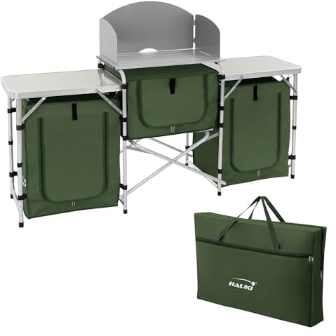 Hauki Camping Küche, Khaki, Campingschrank faltbar mit Tragetasche, Reiseküche mit Windschutz, Küchenschrank mit Arbeitsplatte, Staufächern, Alu Outdoorküche, Küchenbox klappbar, Zeltschrank tragbar