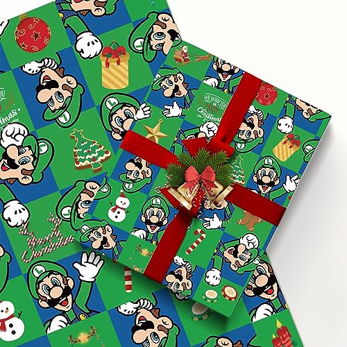 MAJEQZGY Packung mit 5 Mario Bros Geschenkpapier 51x75cm Kraftpapier Langlebig Mario Geschenkpapier Pack für Kindergeburtstag, Party Aufbewahrung Festliche Dekoration (Grünes Sag Hallo)