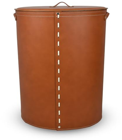 LIMAC Design RICKY Wäschesammler aus Leder mit Baumwollinnensack, Wäschekorb mit Deckel, Wäschebox modern, Laundry Baskets für Waschküche, Hergestellt in Italien. (Braun)