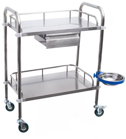 Allpax Laborwagenwagen aus Edelstahl mit 2 Ablagen, einer Schublade und einem drehbaren Mülleimer, 600 x 400 x 860 mm, ca. 90 kg Tragfähigkeit - Materialwagen, Medizinwagen, Küchenwagen