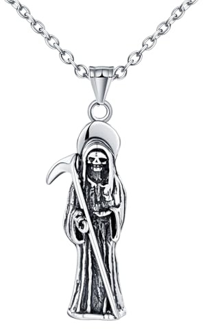 INFINIONLY Collier Pendentif Faucheuse en Acier Inoxydable pour Hommes Pendentif de Squelette - Scythe de la Mort Collier de Halloween Vintage Bijoux Fantaisie Adolescents Accessoires