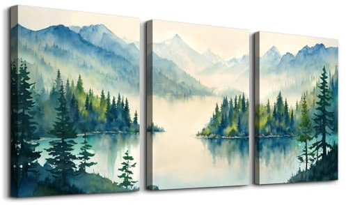 MHARTK66 Aquarell Blaugrün Wald Leinwand Bilder Set Wohnzimmer, See Insel Nebel Landschafts Wandbilder Schlafzimmer, Natur Bilde Aesthetic, Modern Wandeko Wandkunst Badezimmer Flur Büro Essizimmer