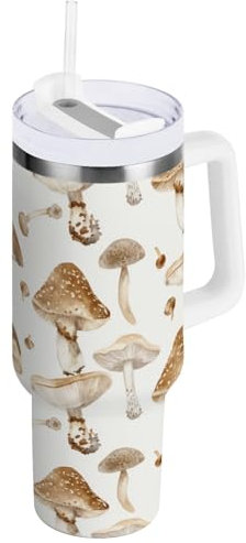 Oarencol Wasserbecher mit Griff, Wasserfarben, Pilze, isolierte Wasserflasche mit Strohhalm-Deckel, vakuumisoliert, Edelstahl, Reise-Kaffeebecher, 1,2 l