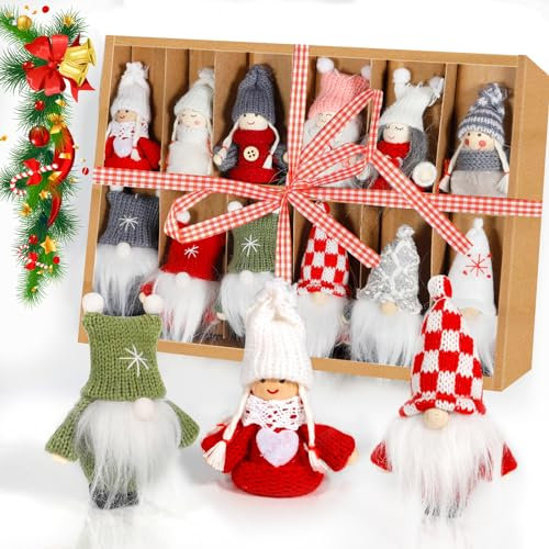 Purpledi 12 Piezas Duende Navideño Adornos Navideños árbol Linda Muñecas Gnomos de Peluche de Navidad, Gnomos de Navidad de Madera y Punto, Decoraciones Navideñas GNOME, Colgantes de Árbol de Navidad