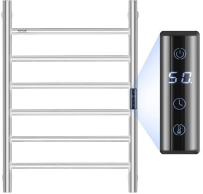 VEVOR Radiateur Sèche-Serviettes Électrique 6 Barres, Porte-Serviettes Chauffant Mural, Chauffe-Serviettes à Température Réglable, Étanche IPX5, avec Minuterie et Écran LED, Salle de Bain, Argenté